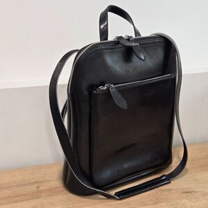 HESHE Leather Convertible Backpack City Bag Shoulder Purse Black Silver Hardware